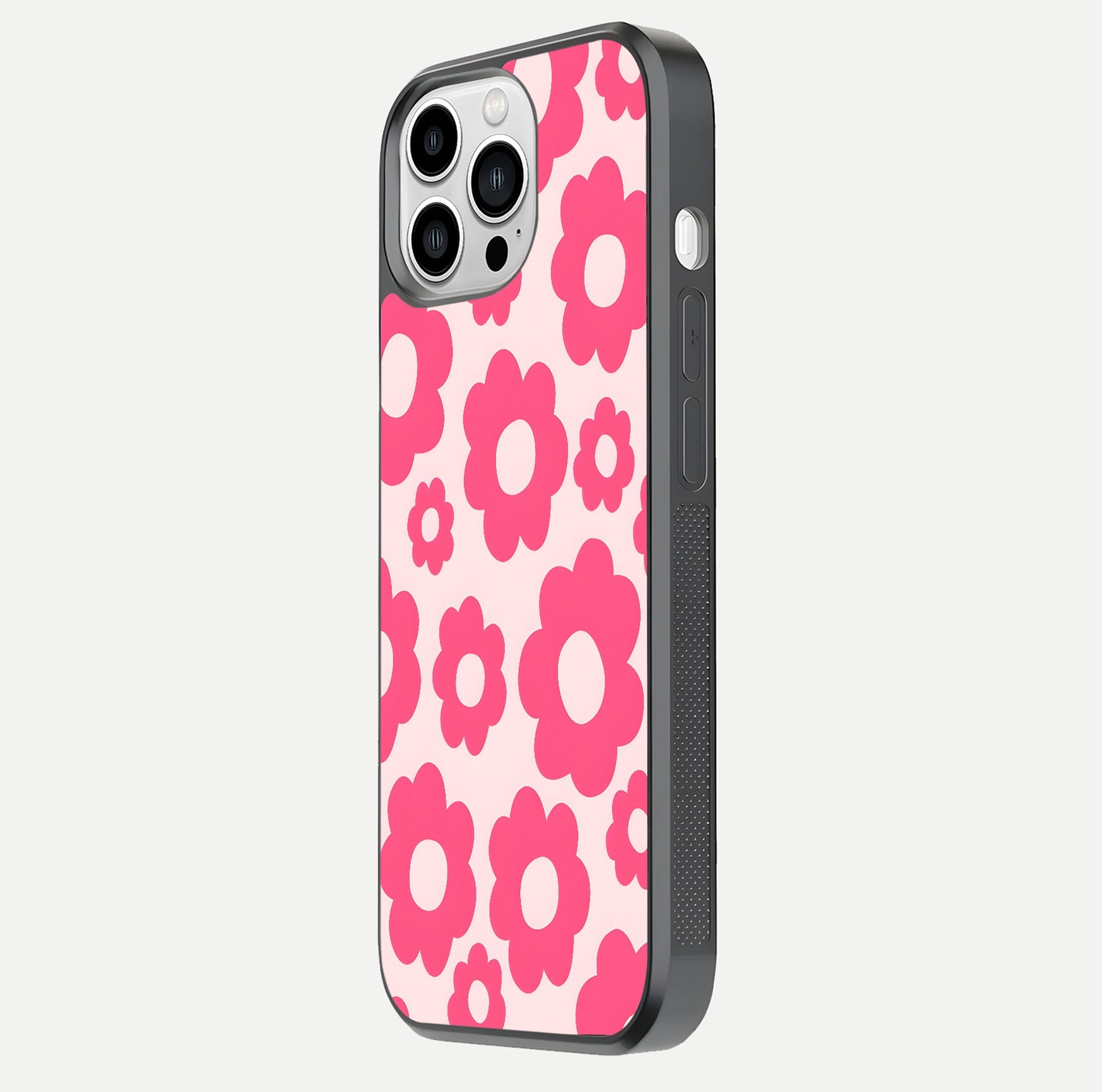 Blush Flower Pop iPhone 13 Pro Max glass phone case side profile view focusing on clean edges and seamless floral wrap