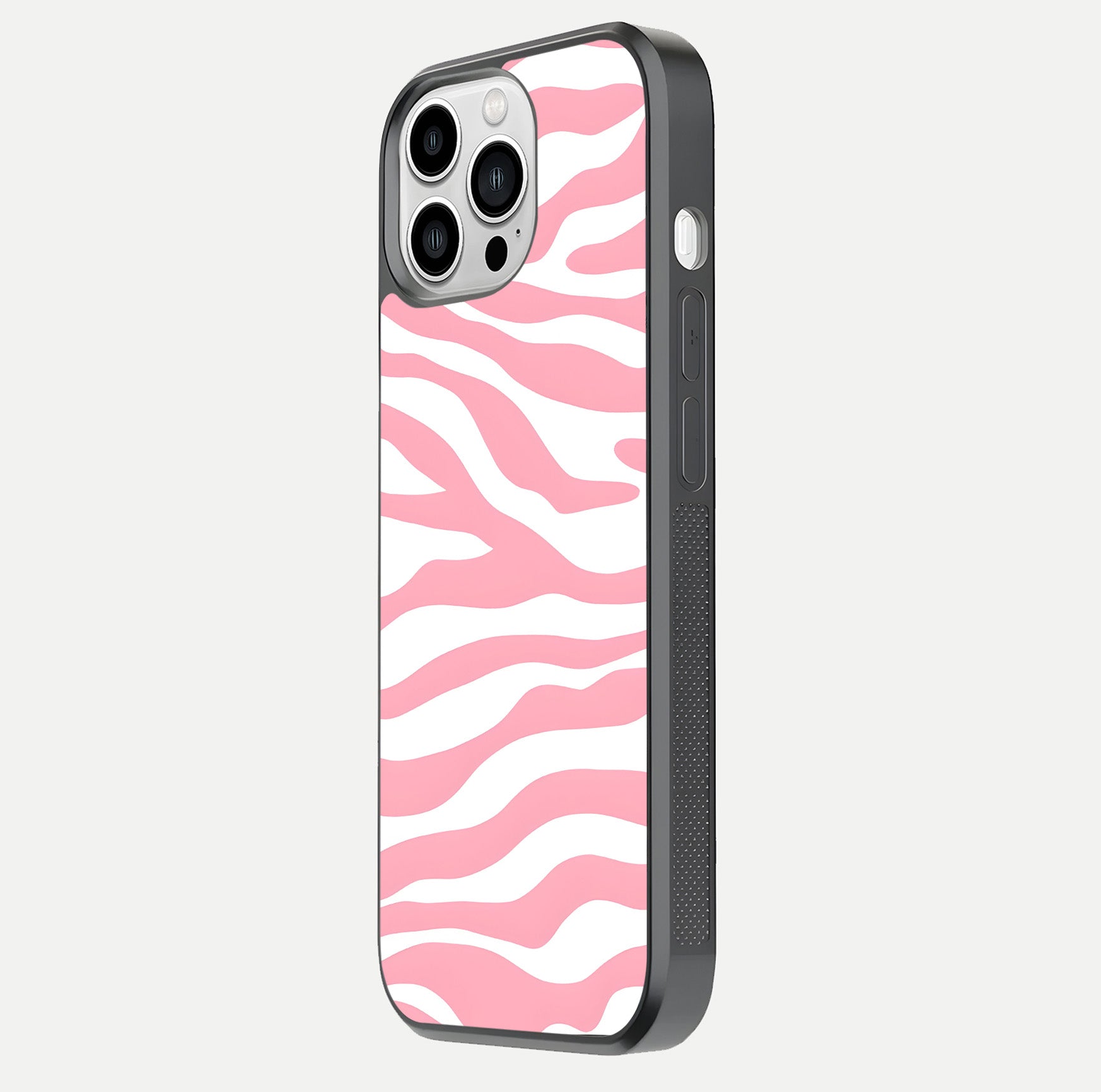 Blush Zebra Flow iPhone 13 Pro Max glass phone case side profile view focusing on sleek frame and seamless wrap