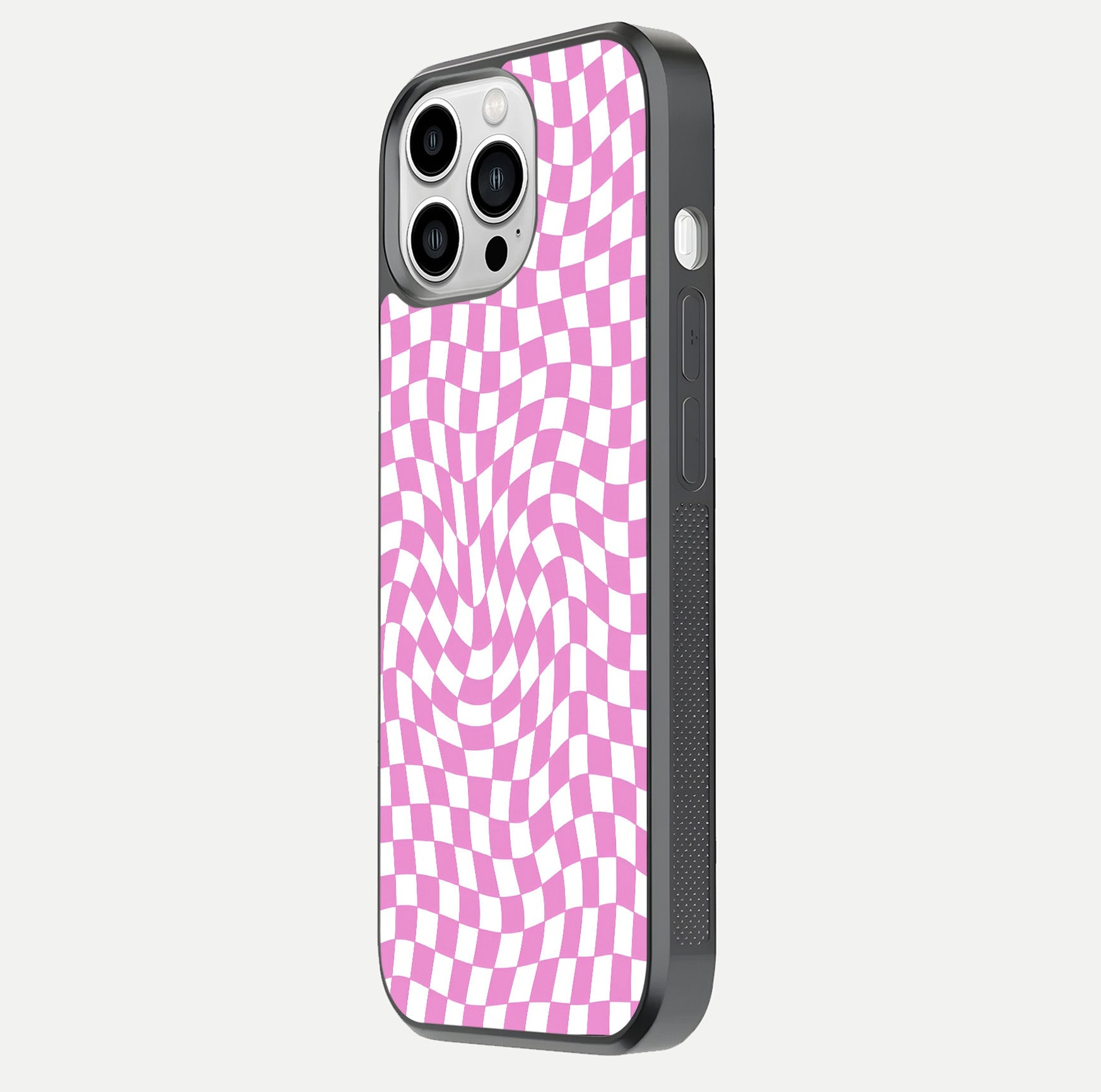 Bubblegum Check Wave iPhone 13 Pro Max glass phone case side profile view focusing on smooth edges and seamless wrap