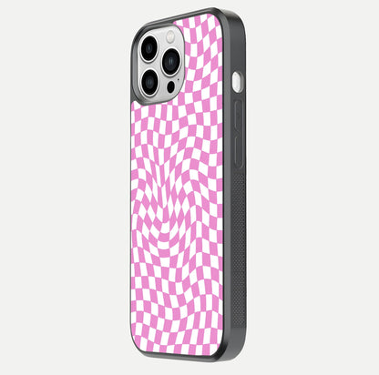 Bubblegum Check Wave iPhone 13 Pro Max glass phone case side profile view focusing on smooth edges and seamless wrap
