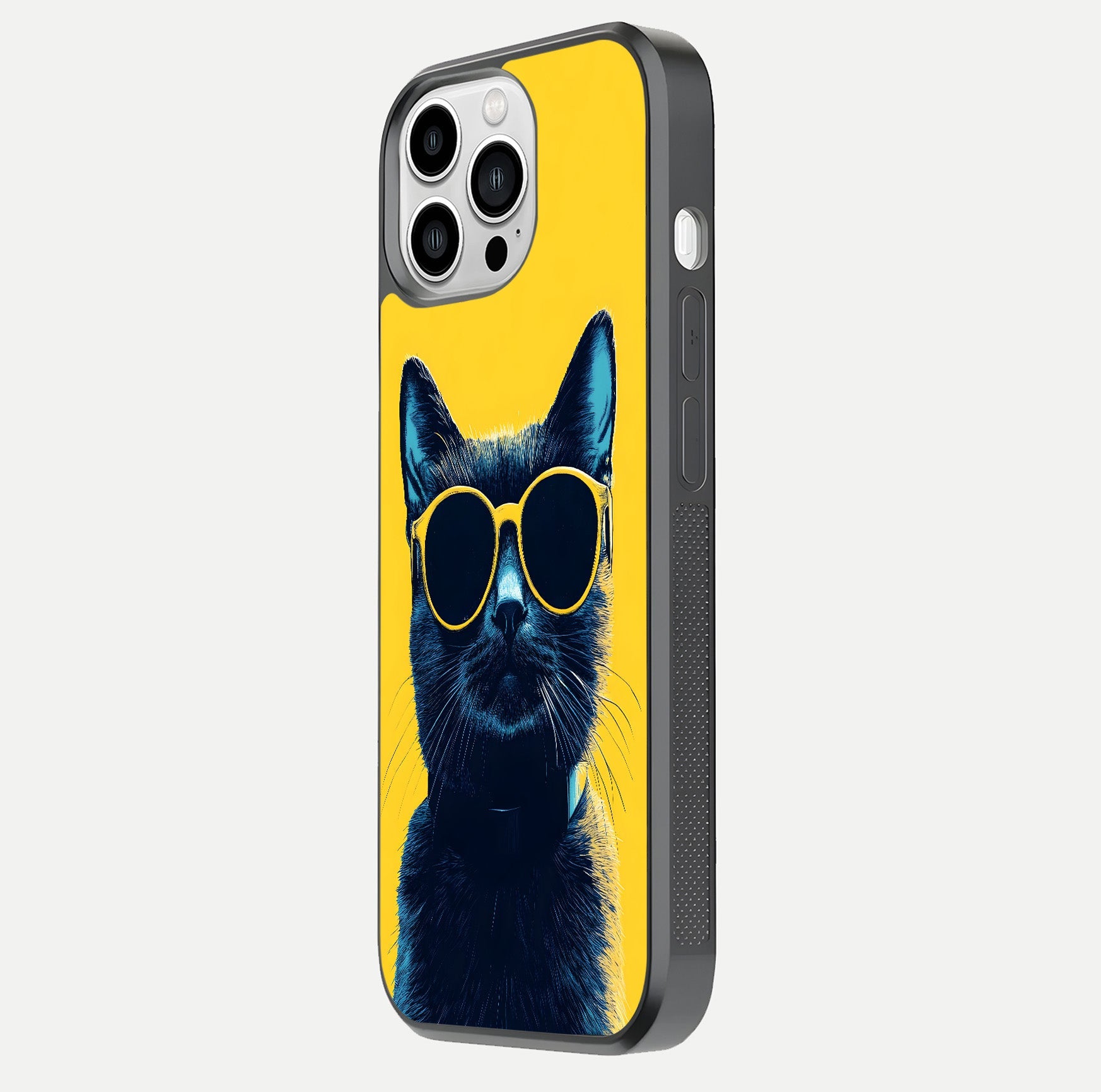 Cool Cat Vibes iPhone 13 Pro Max glass phone case side profile view focusing on sleek edges and seamless wrap