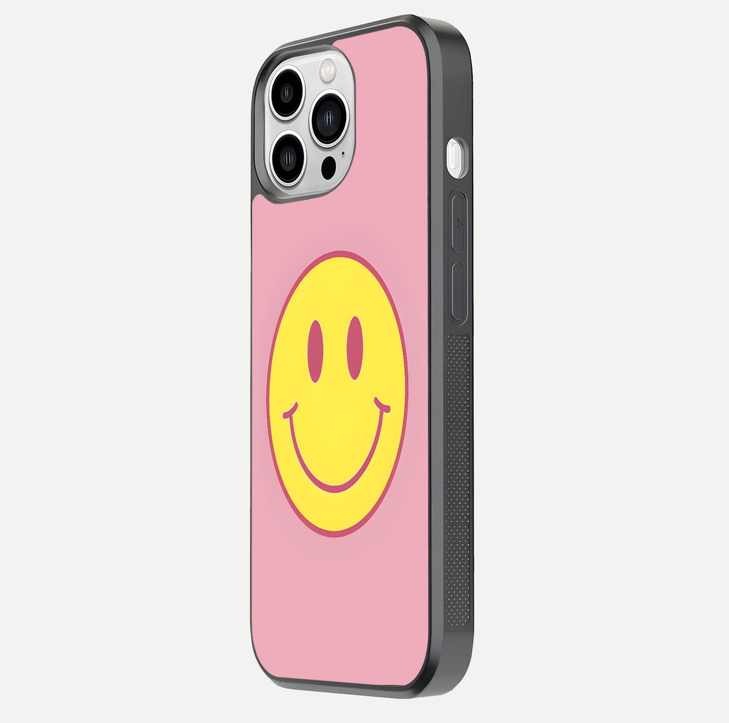 Happy Pink Mood iPhone 13 Pro Max glass phone case side profile view focusing on smooth frame and clean wrap