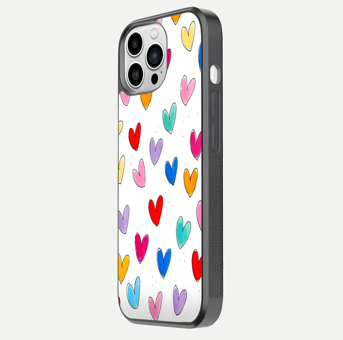 Playful Love Doodles iPhone 13 Pro Max glass phone case side profile view focusing on smooth frame and seamless wrap