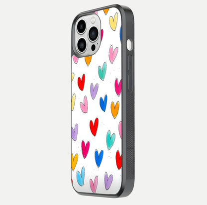 Playful Love Doodles iPhone 13 Pro Max glass phone case side profile view focusing on smooth frame and seamless wrap