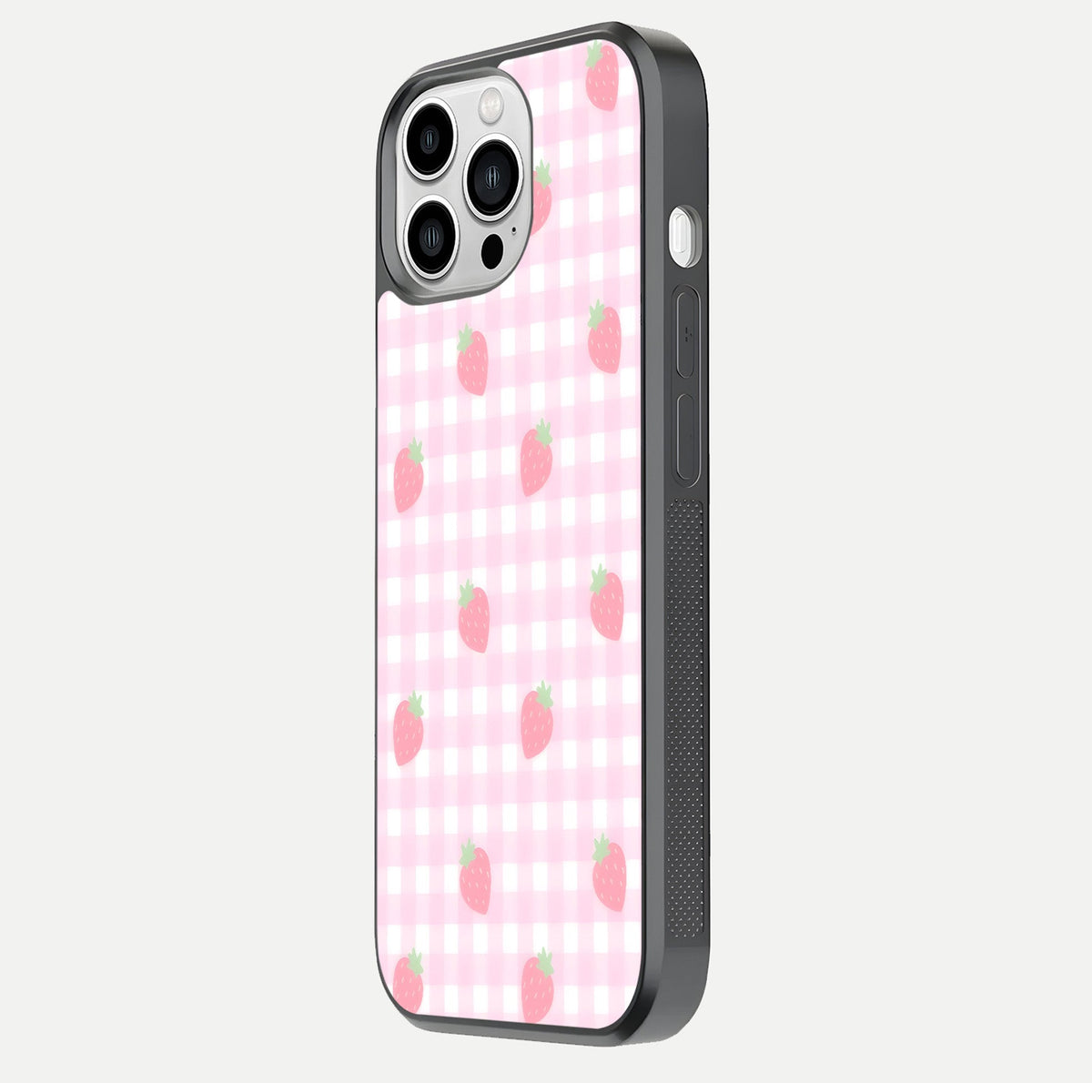 Strawberry Picnic Love iPhone 13 Pro Max glass phone case side profile view focusing on smooth frame and seamless wrap