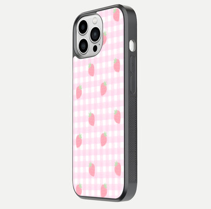 Strawberry Picnic Love iPhone 13 Pro Max glass phone case side profile view focusing on smooth frame and seamless wrap