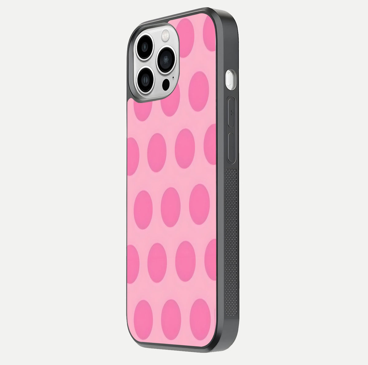 Sweet Dot Dreams iPhone 13 Pro Max glass phone case side profile view focusing on sleek edges and seamless wrap