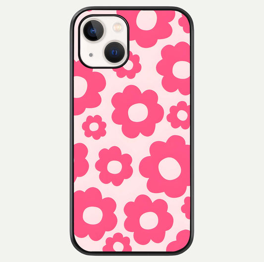 Blush Flower Pop iPhone 14 glass phone case front view featuring playful blush floral artwork with glossy finish