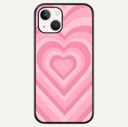 Blush Heart Waves iPhone 14 glass phone case front view showcasing flowing heart wave patterns in soft blush tones