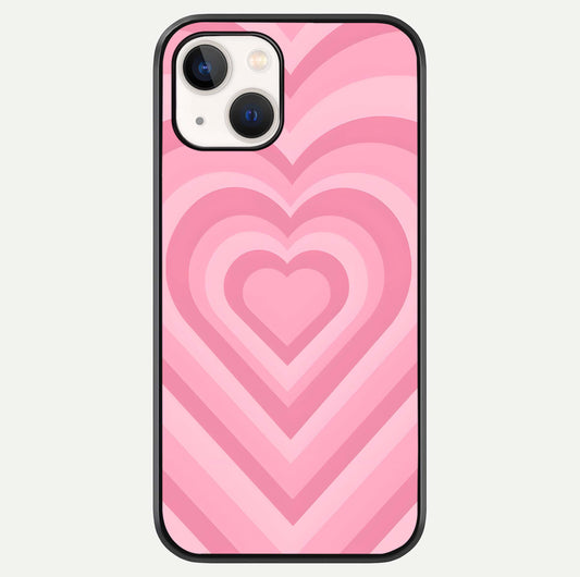 Blush Heart Waves iPhone 14 glass phone case front view showcasing flowing heart wave patterns in soft blush tones