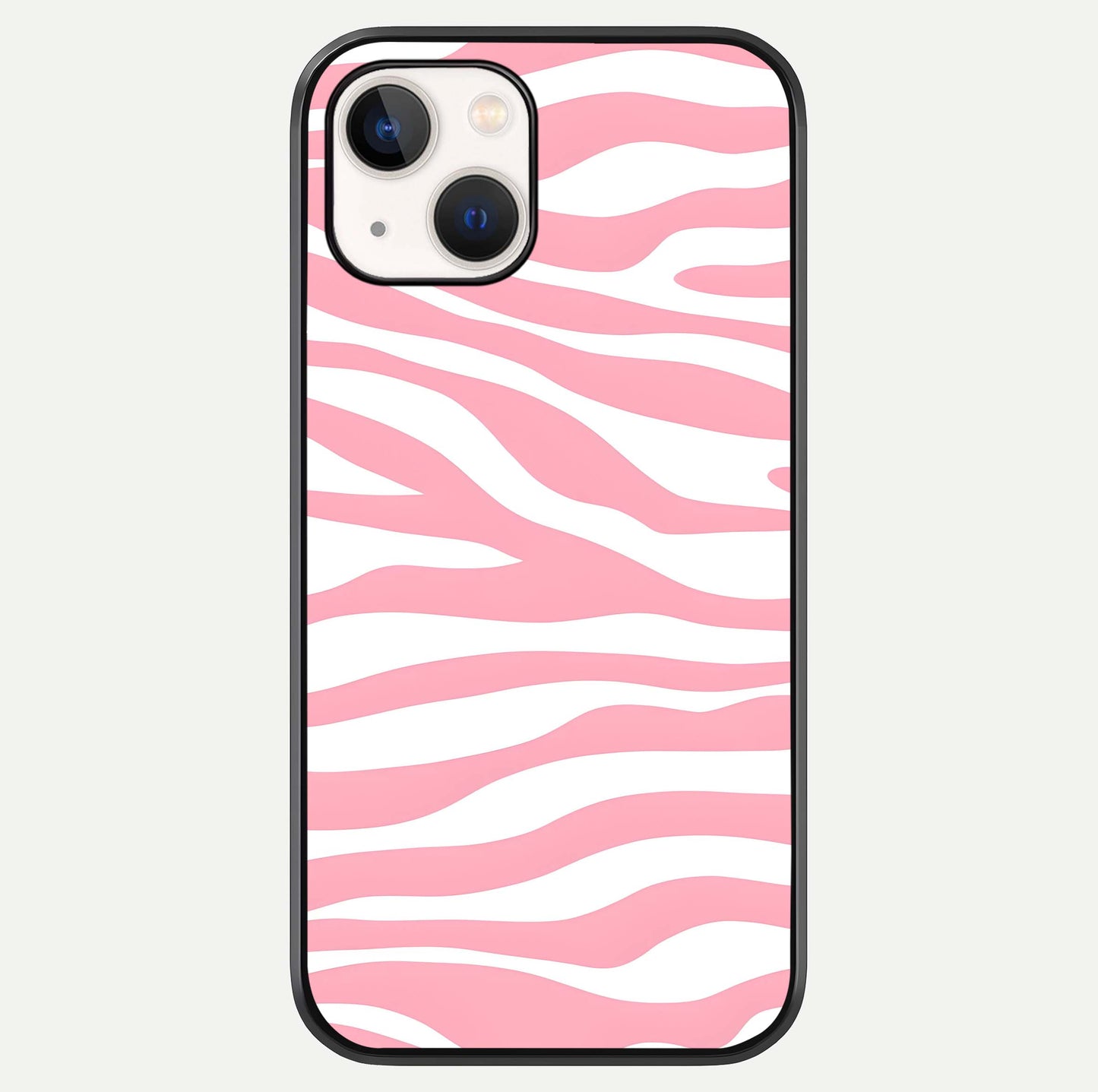 Blush Zebra Flow iPhone 14 glass phone case front view featuring modern zebra flow pattern in blush tones