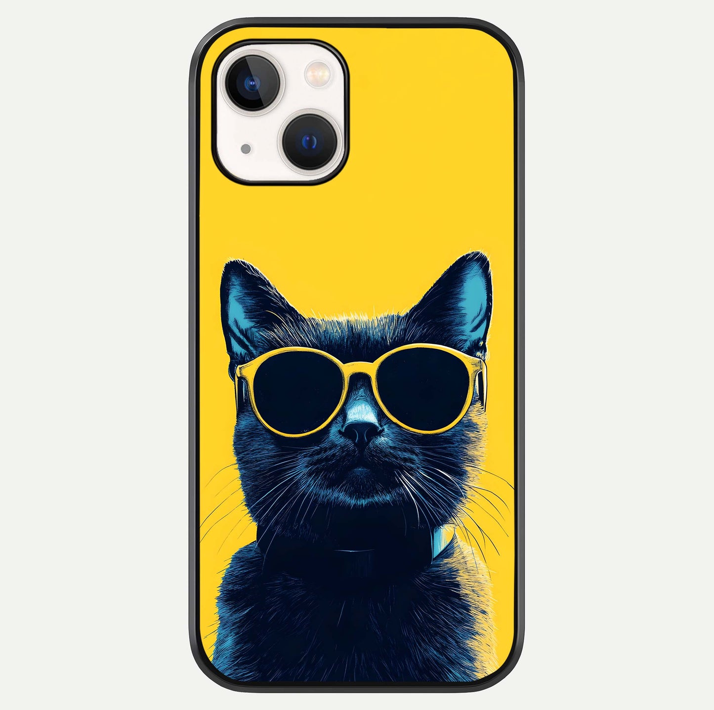 Cool Cat Vibes iPhone 14 glass phone case front view featuring playful cat illustration with cool aesthetic tones