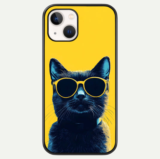 Cool Cat Vibes iPhone 14 glass phone case front view featuring playful cat illustration with cool aesthetic tones