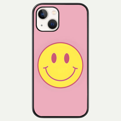 Happy Pink Mood iPhone 14 glass phone case front view featuring cheerful pink tones and playful aesthetic design