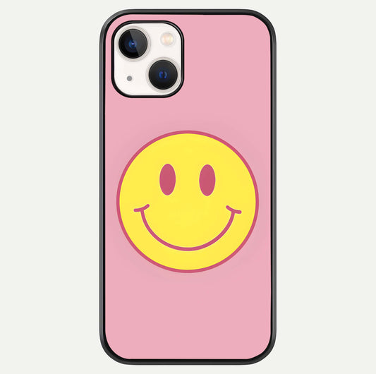 Happy Pink Mood iPhone 14 glass phone case front view featuring cheerful pink tones and playful aesthetic design