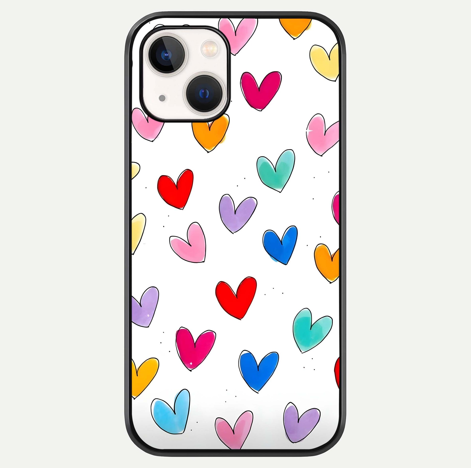 Playful Love Doodles iPhone 14 glass phone case front view featuring cute love doodle illustrations with fun vibe