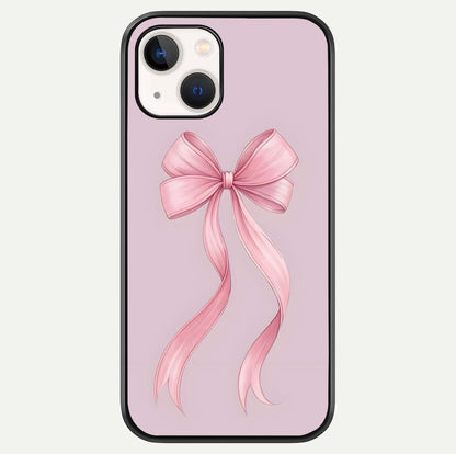 Soft Blush Bow iPhone 14 glass phone case front view showcasing soft blush tones with elegant bow design