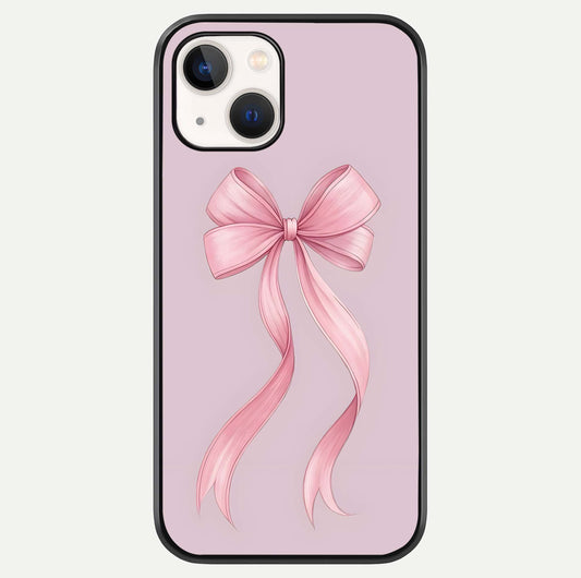 Soft Blush Bow iPhone 14 glass phone case front view showcasing soft blush tones with elegant bow design