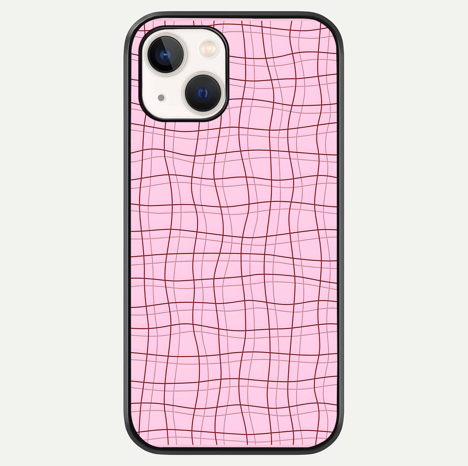 Soft Grid Bliss iPhone 14 glass phone case front view showcasing minimal grid pattern with soft aesthetic