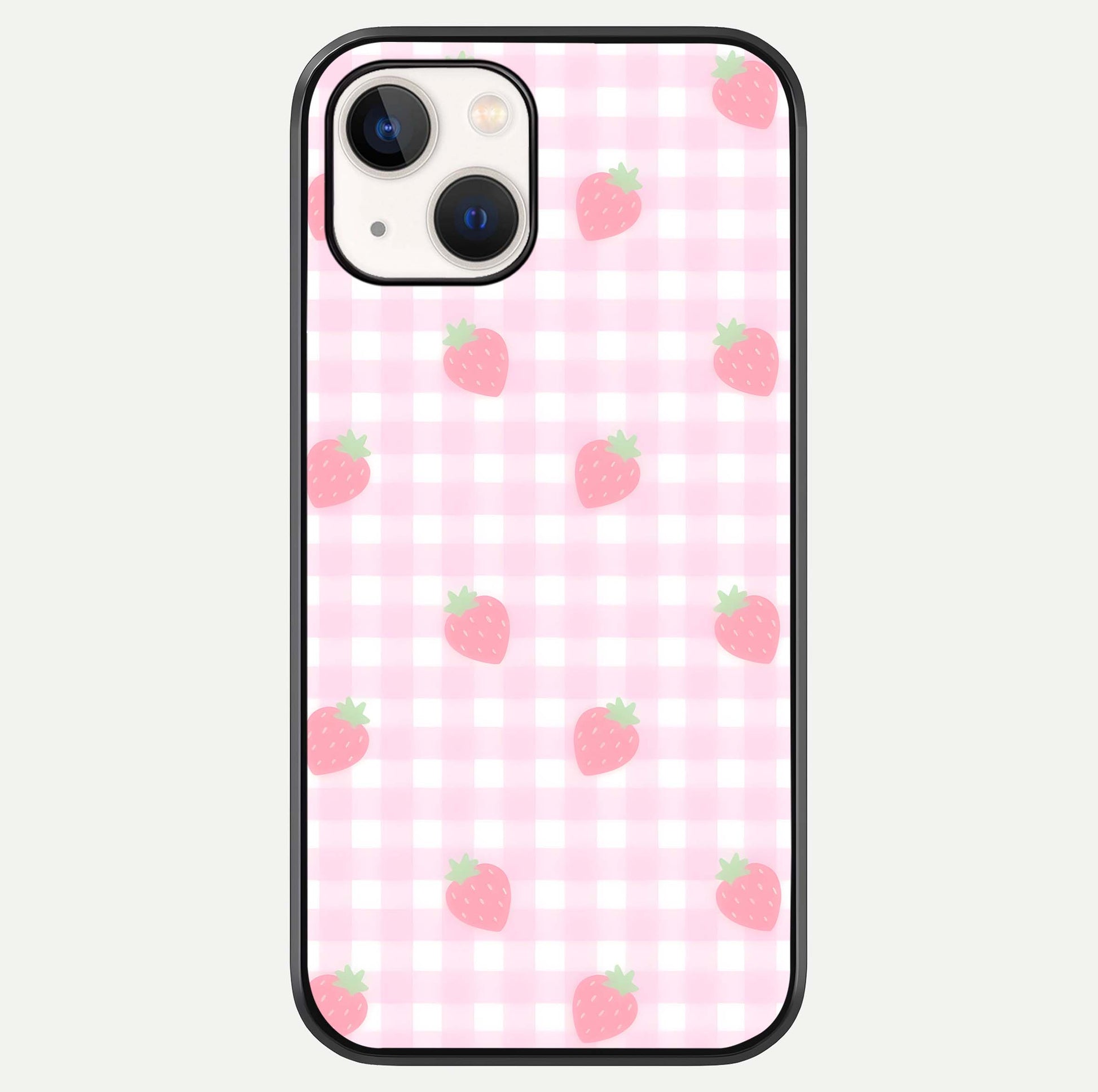 Strawberry Picnic Love iPhone 14 glass phone case front view featuring cute strawberry picnic artwork with romantic vibe