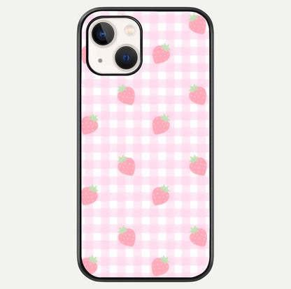 Strawberry Picnic Love iPhone 14 glass phone case front view featuring cute strawberry picnic artwork with romantic vibe
