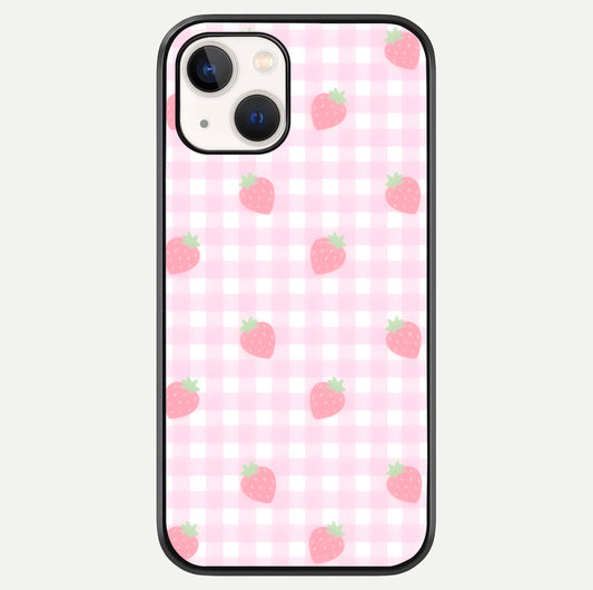 Strawberry Picnic Love iPhone 14 glass phone case front view featuring cute strawberry picnic artwork with romantic vibe