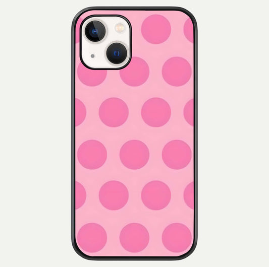 Sweet Dot Dreams iPhone 14 glass phone case front view showcasing playful dot patterns with dreamy aesthetic