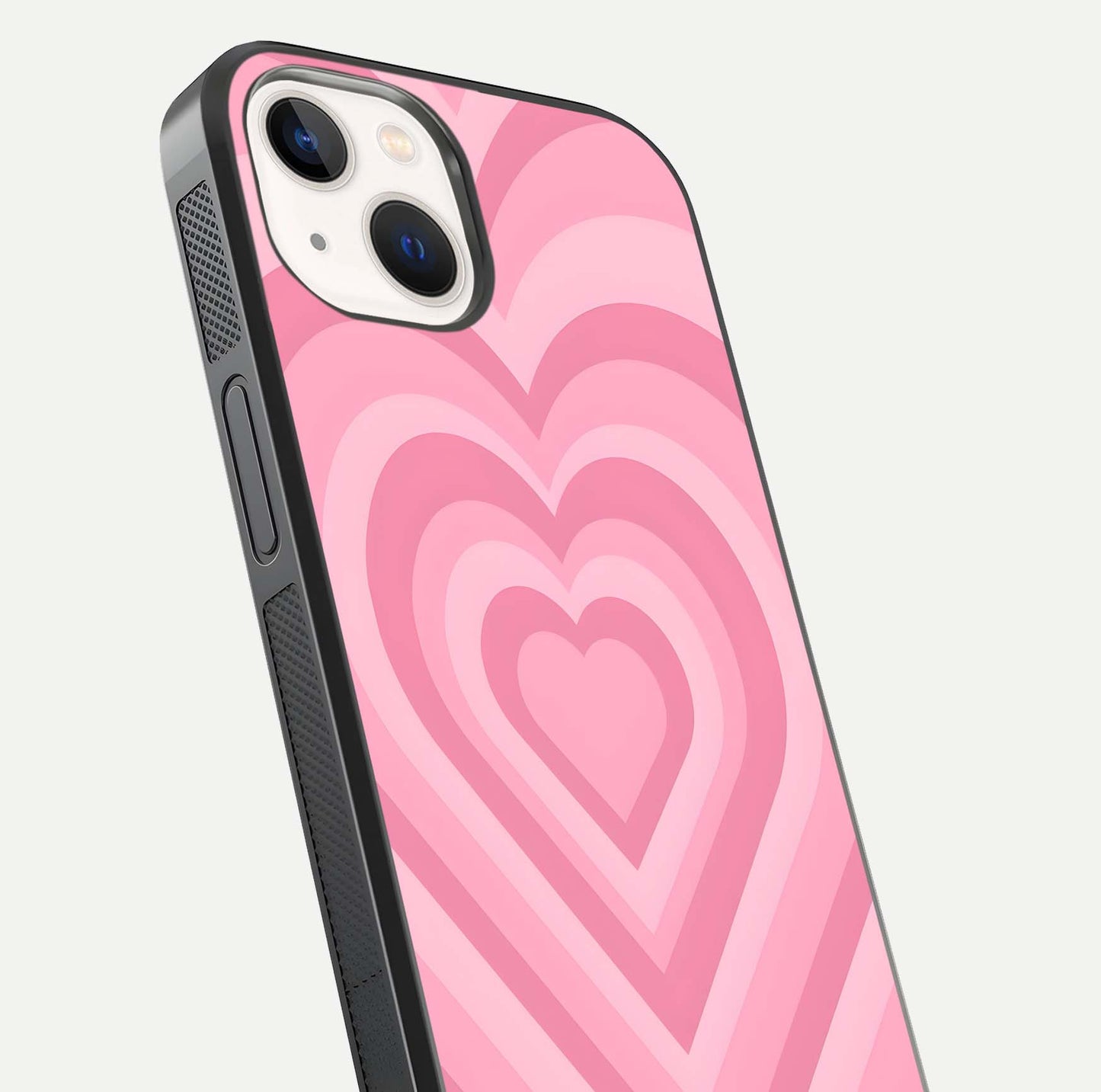 Blush Heart Waves iPhone 14 glass phone case angled back view highlighting romantic heart wave artwork and grip texture