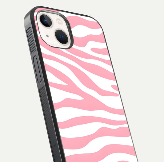 Blush Zebra Flow iPhone 14 glass phone case angled back view highlighting bold zebra artwork and textured side grip
