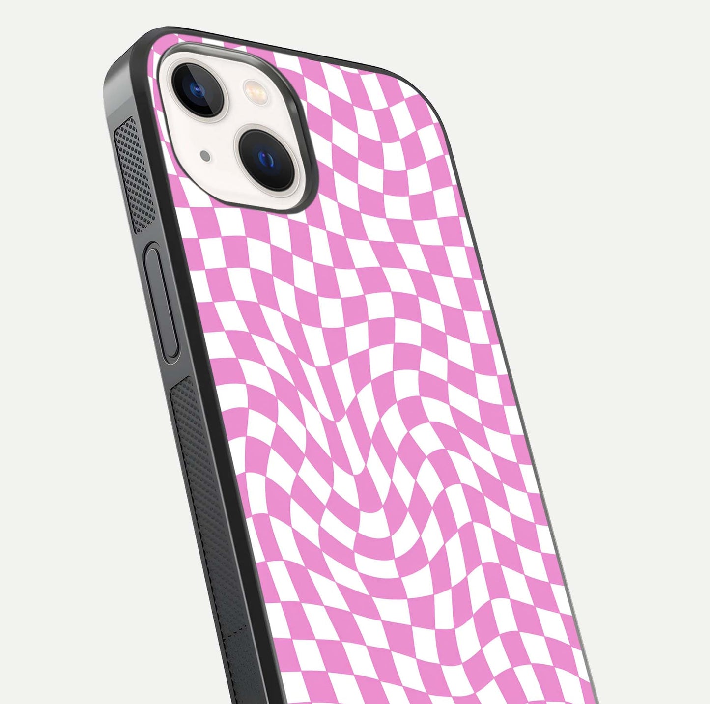 Bubblegum Check Wave iPhone 14 glass phone case angled back view highlighting check wave artwork and side grip texture