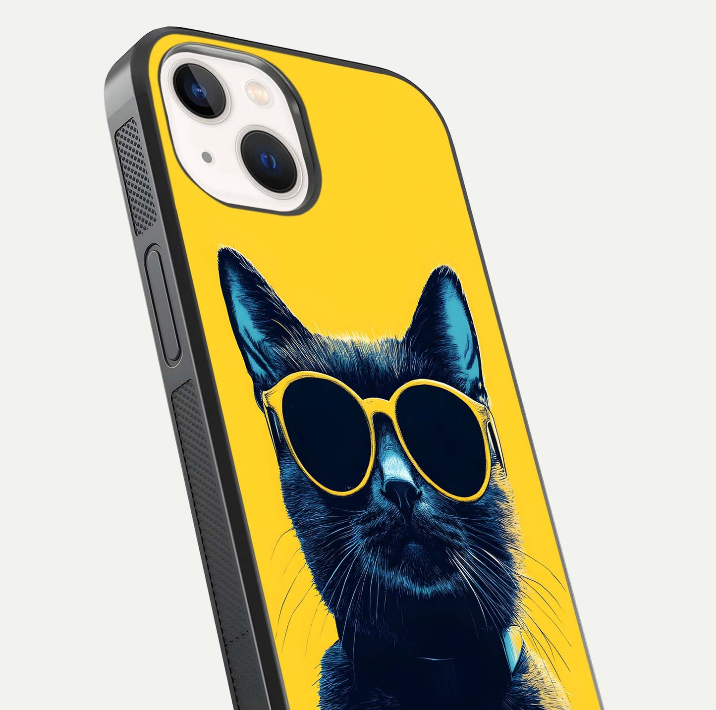 Cool Cat Vibes iPhone 14 glass phone case angled back view highlighting cat artwork and textured side grip