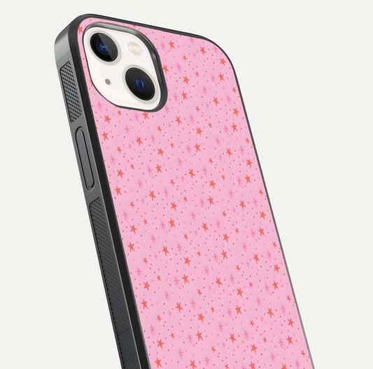 Cosmic Pink Sparkle iPhone 14 glass phone case angled back view highlighting sparkling galaxy design and textured side grip