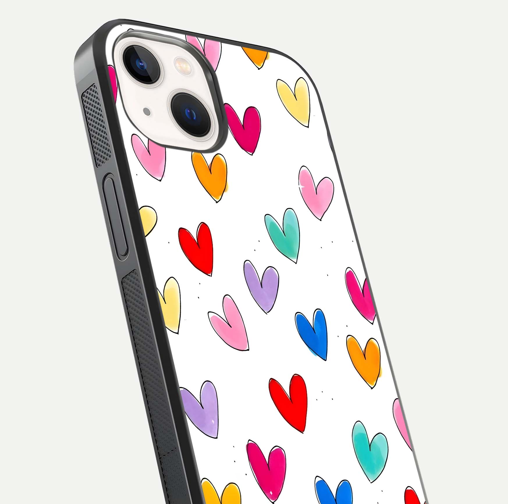 Playful Love Doodles iPhone 14 glass phone case angled back view highlighting doodle artwork and textured grip edges
