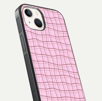 Soft Grid Bliss iPhone 14 glass phone case angled back view highlighting grid artwork and side grip texture