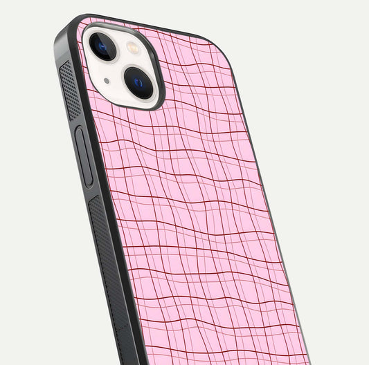 Soft Grid Bliss iPhone 14 glass phone case angled back view highlighting grid artwork and side grip texture