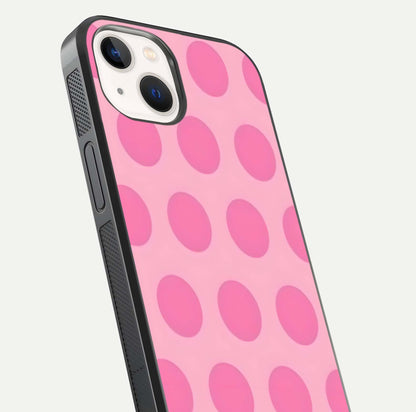 Sweet Dot Dreams iPhone 14 glass phone case angled back view highlighting dotted artwork and side grip texture