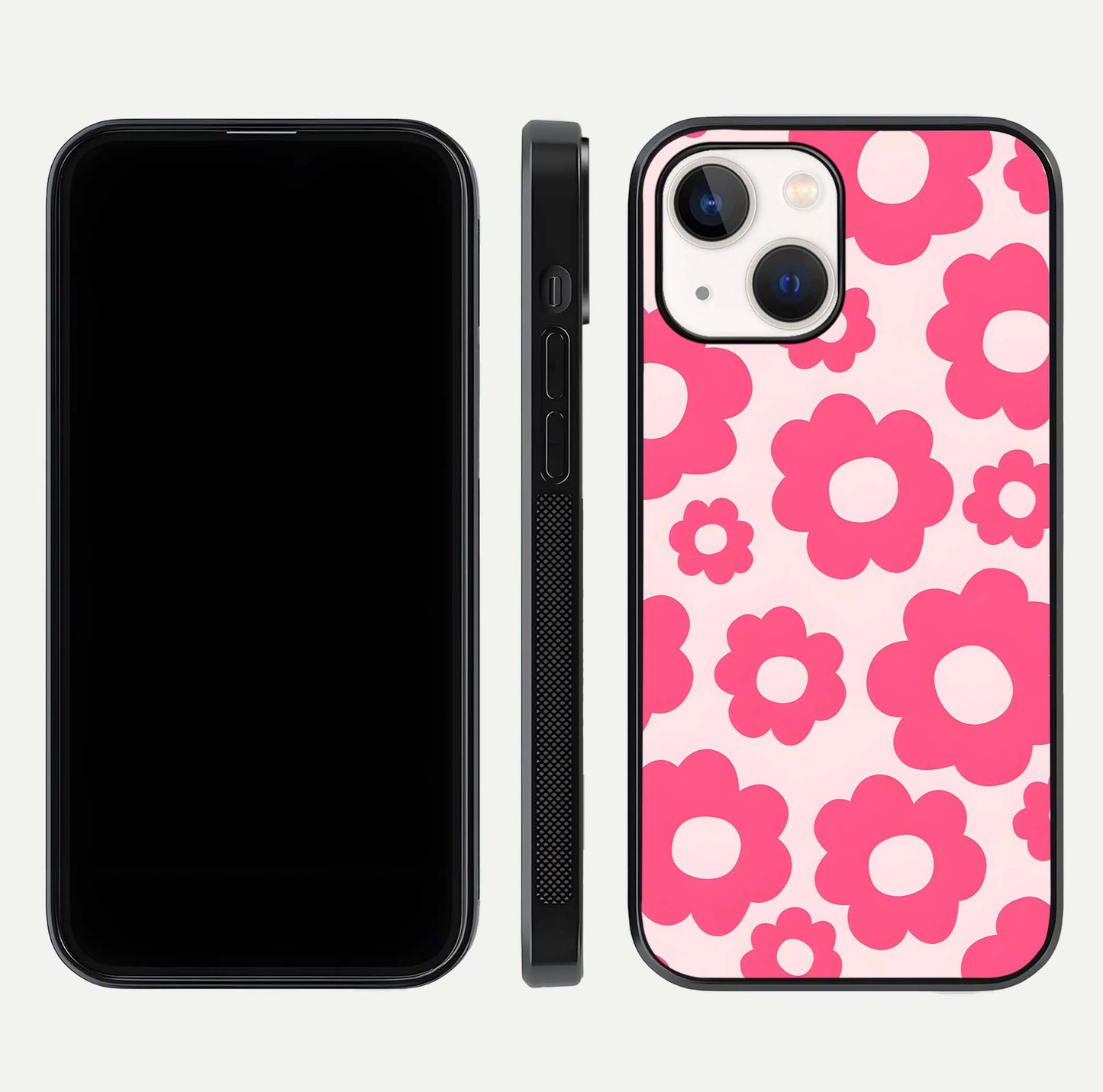 Blush Flower Pop iPhone 14 glass phone case front and side layout view showing slim profile and full floral coverage