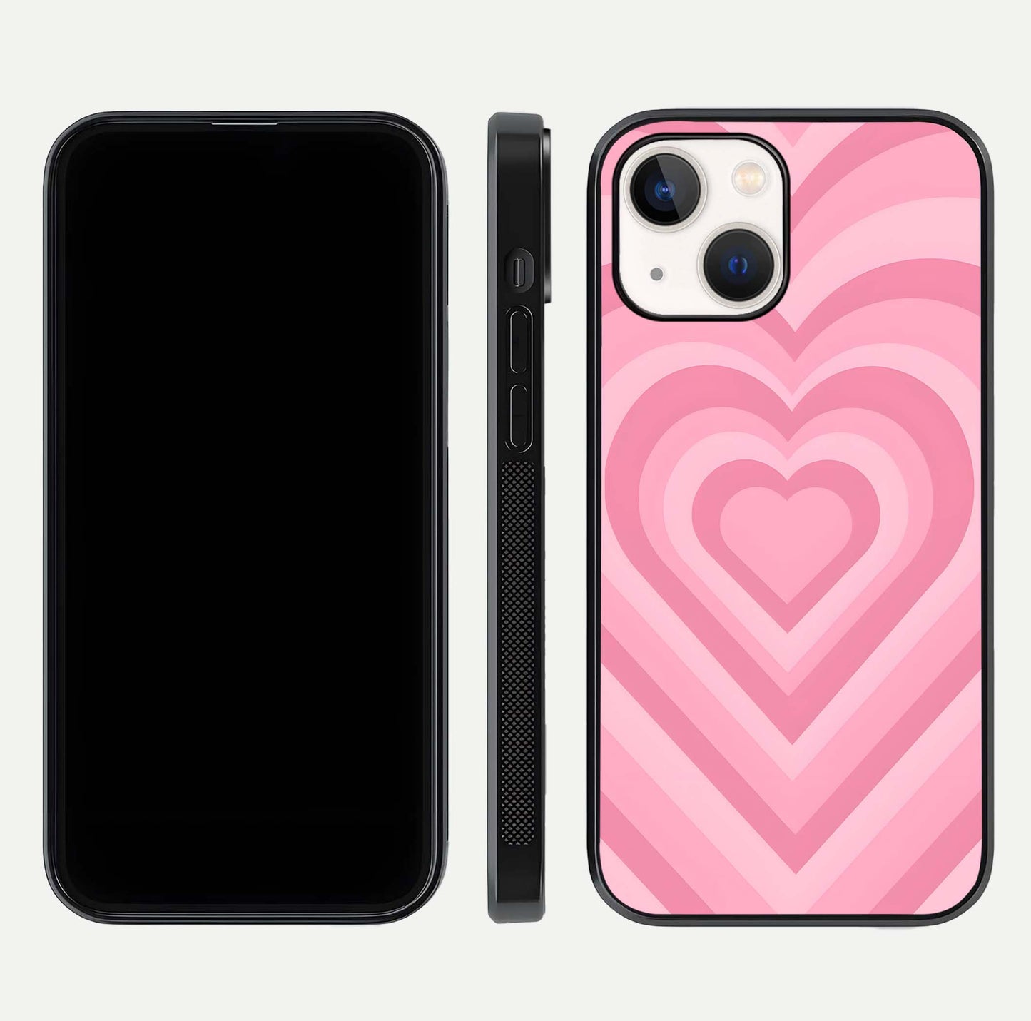 Blush Heart Waves iPhone 14 glass phone case front and side layout view displaying slim frame and full heart pattern