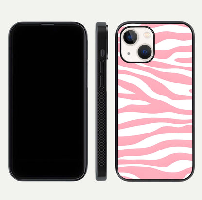 Blush Zebra Flow iPhone 14 glass phone case front and side layout view showing slim build and flowing pattern coverage