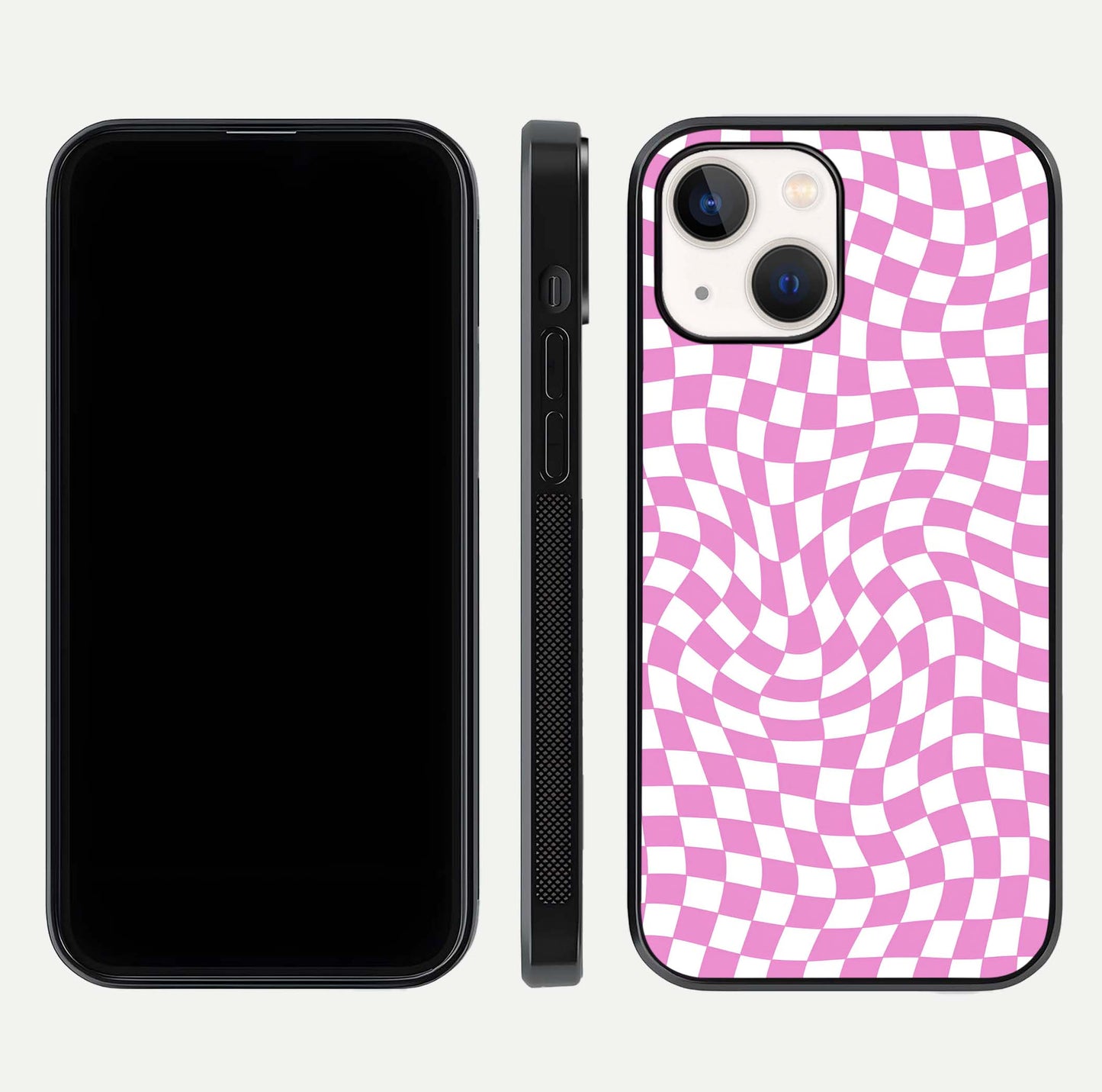 Bubblegum Check Wave iPhone 14 glass phone case front and side layout view displaying slim profile and full pattern coverage