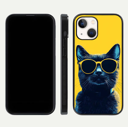 Cool Cat Vibes iPhone 14 glass phone case front and side layout view showing slim frame and full design coverage