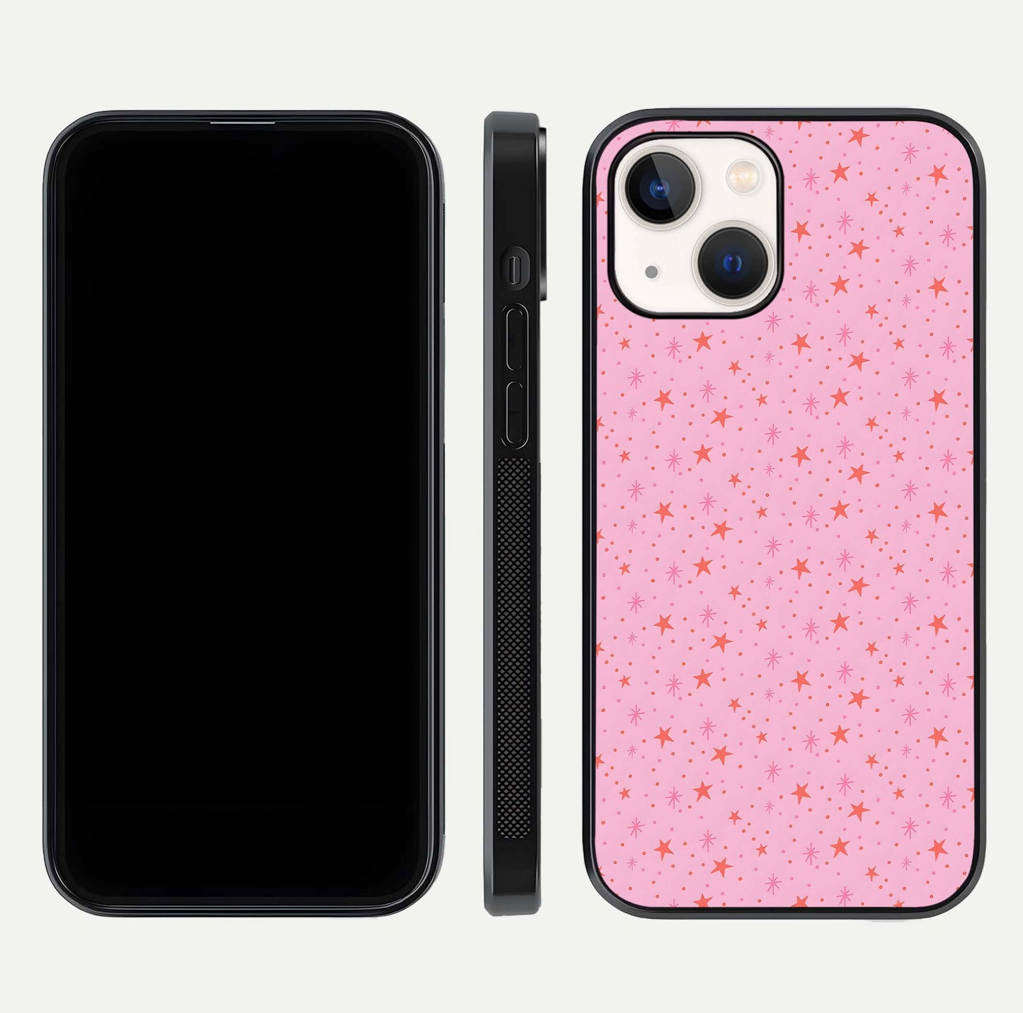 Cosmic Pink Sparkle iPhone 14 glass phone case front and side layout view displaying slim profile and full cosmic coverage