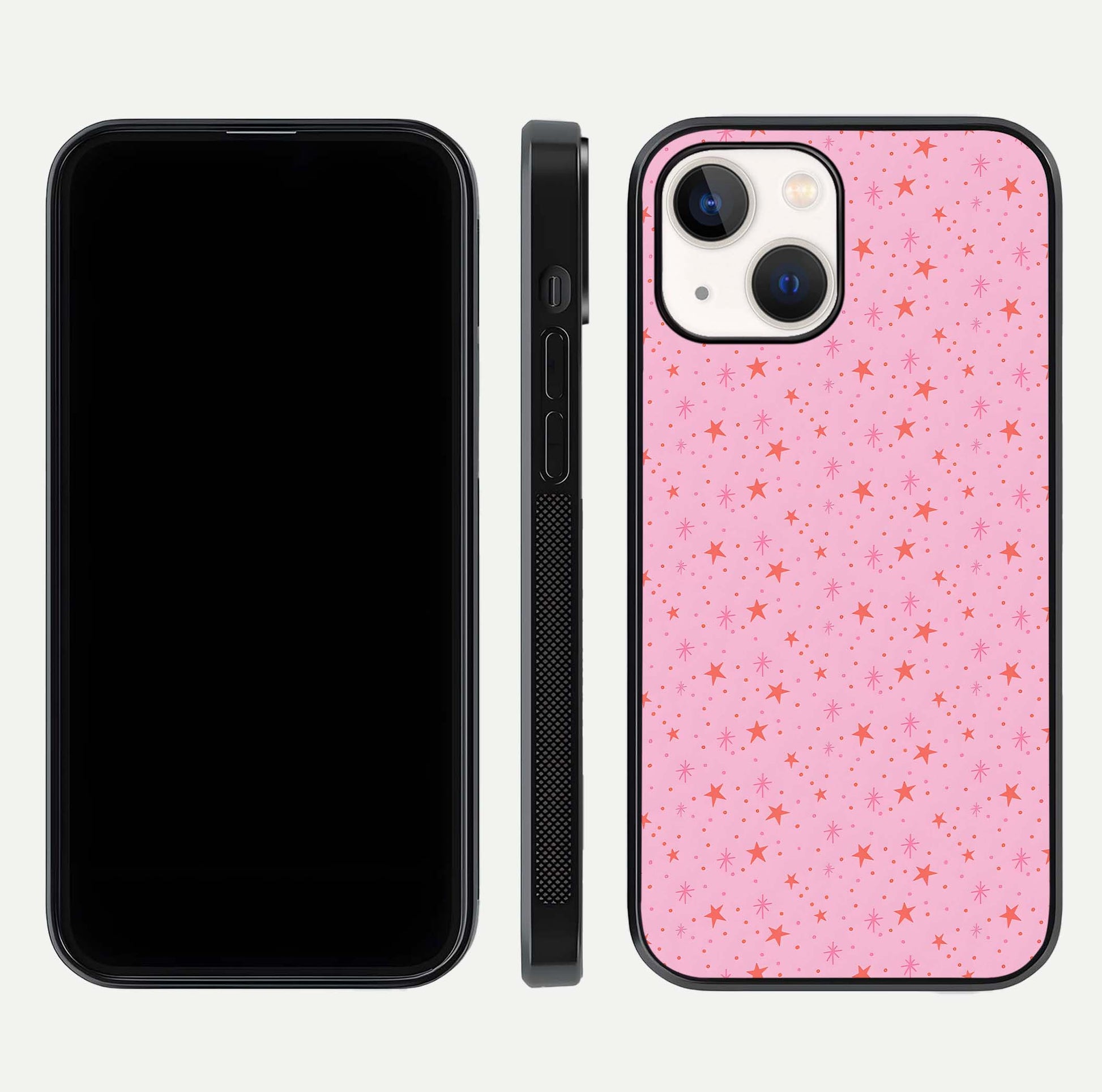 Cosmic Pink Sparkle iPhone 14 glass phone case front and side layout view displaying slim profile and full cosmic coverage