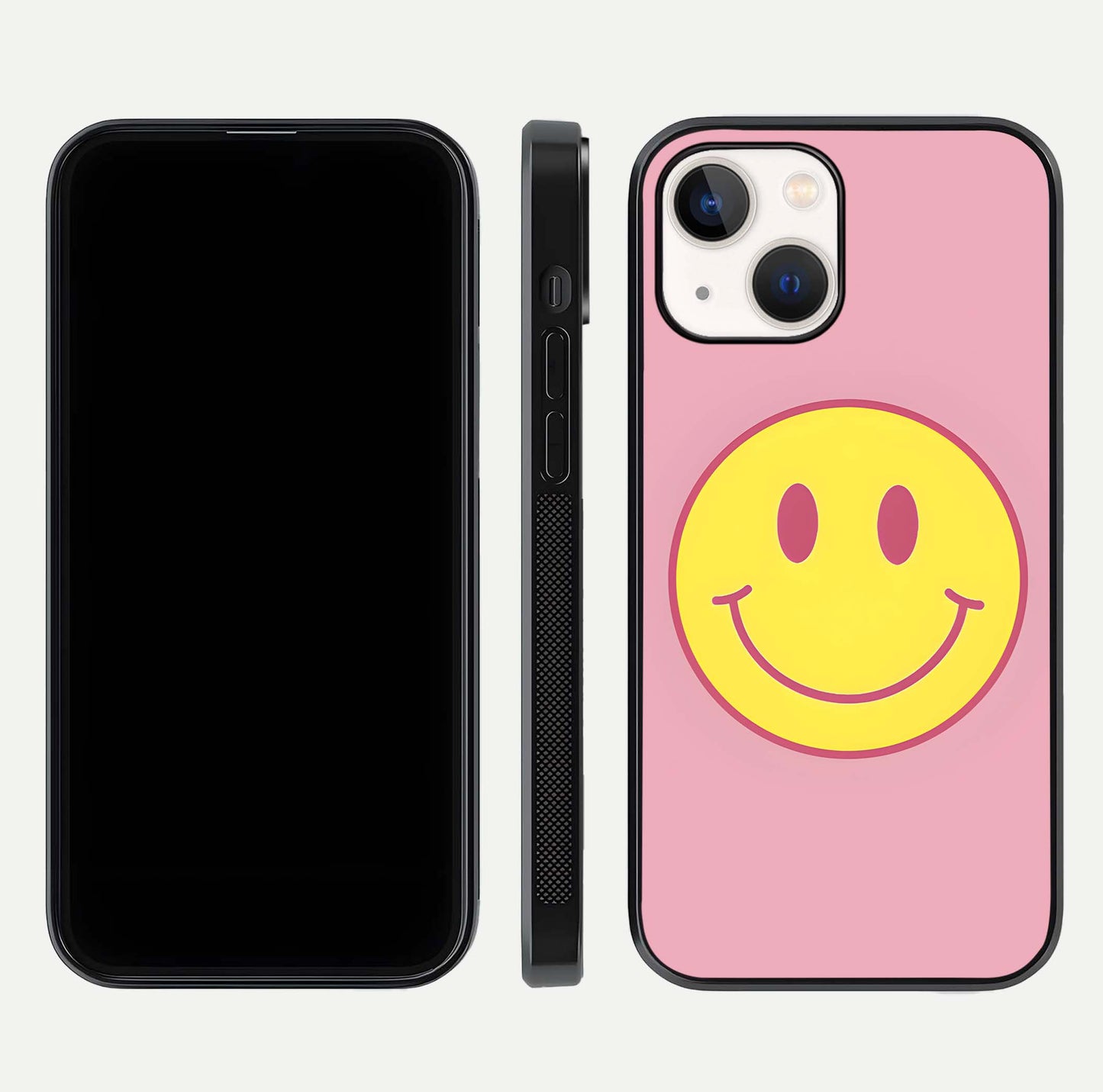 Happy Pink Mood iPhone 14 glass phone case front and side layout view showing slim build and full pink coverage
