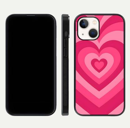 Layered Love Hearts iPhone 14 glass phone case front and side layout view displaying slim profile and full heart design