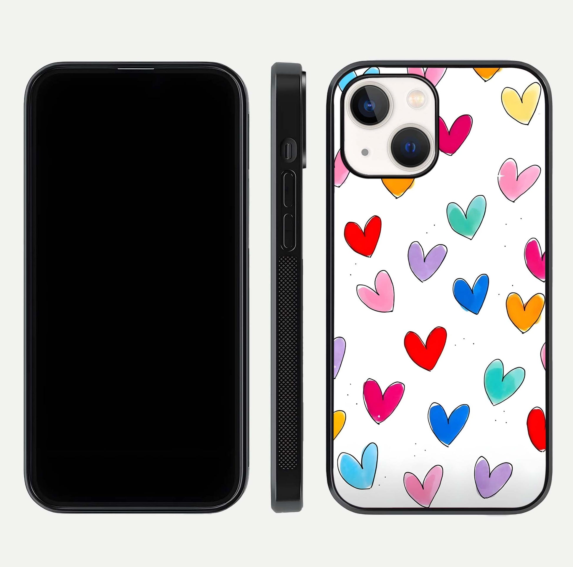 Playful Love Doodles iPhone 14 glass phone case front and side layout view showing slim build and full doodle coverage