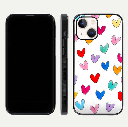 Playful Love Doodles iPhone 14 glass phone case front and side layout view showing slim build and full doodle coverage