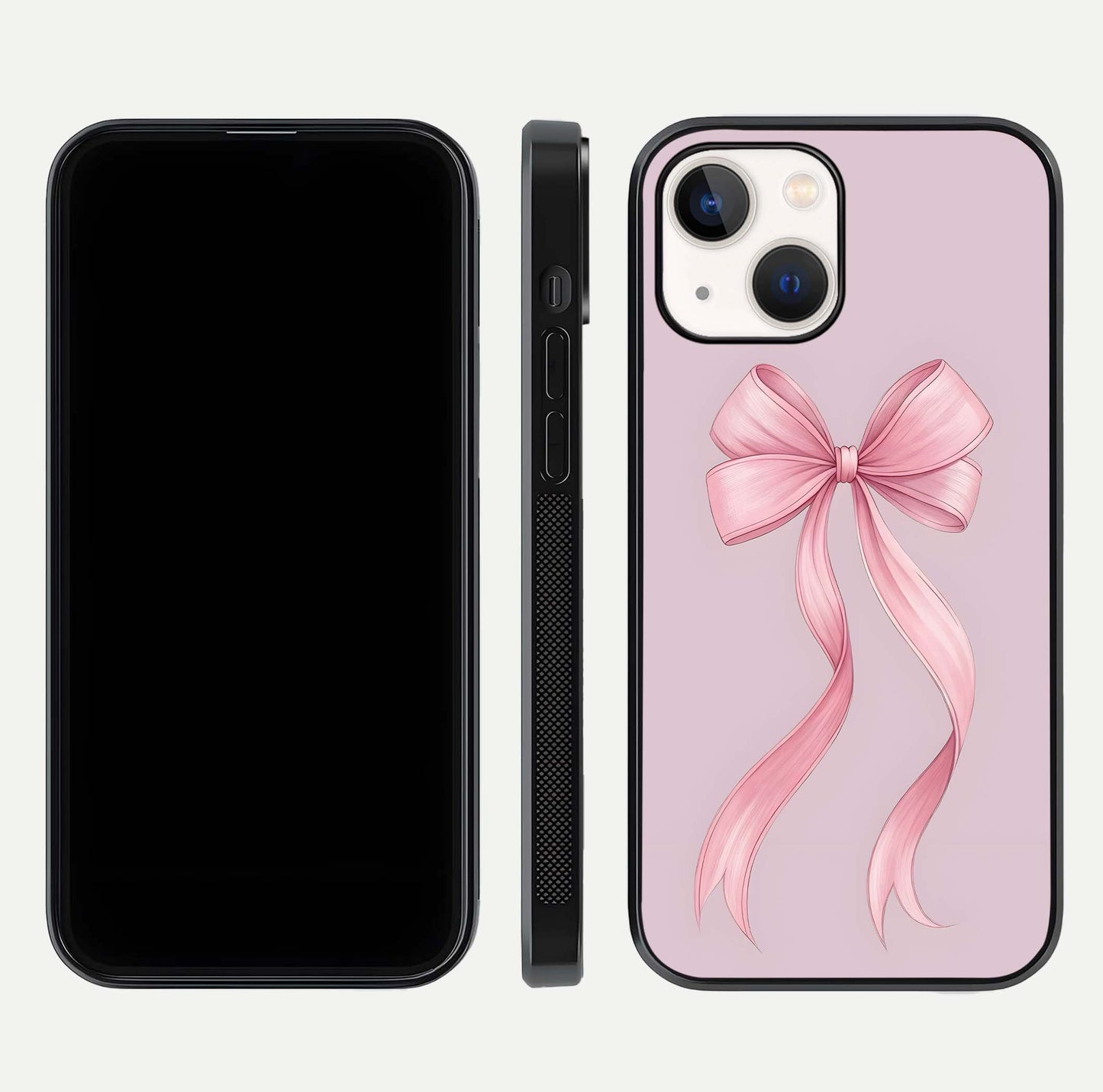 Soft Blush Bow iPhone 14 glass phone case front and side layout view displaying slim profile and gentle aesthetic