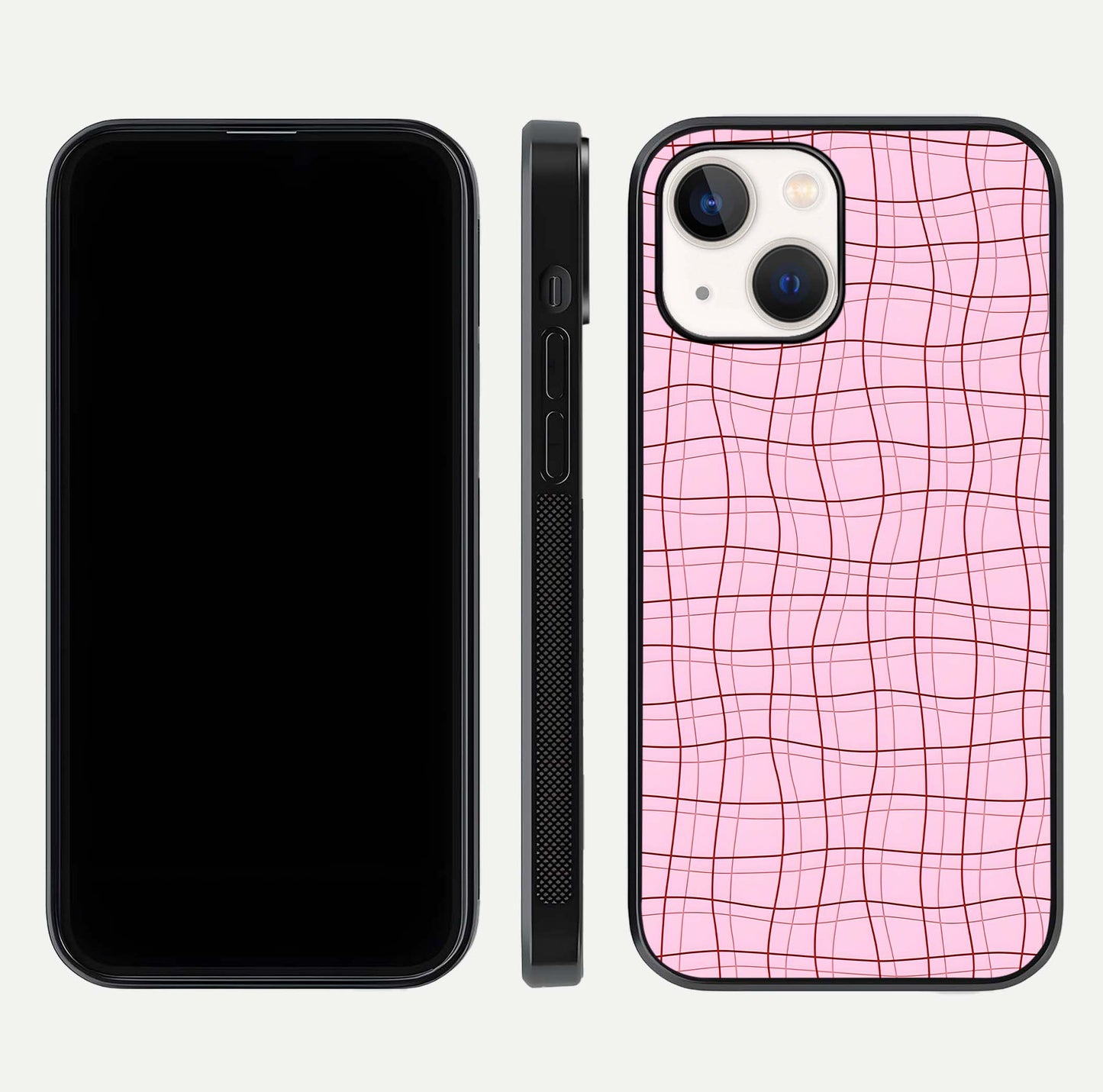 Soft Grid Bliss iPhone 14 glass phone case front and side layout view displaying slim profile and clean design