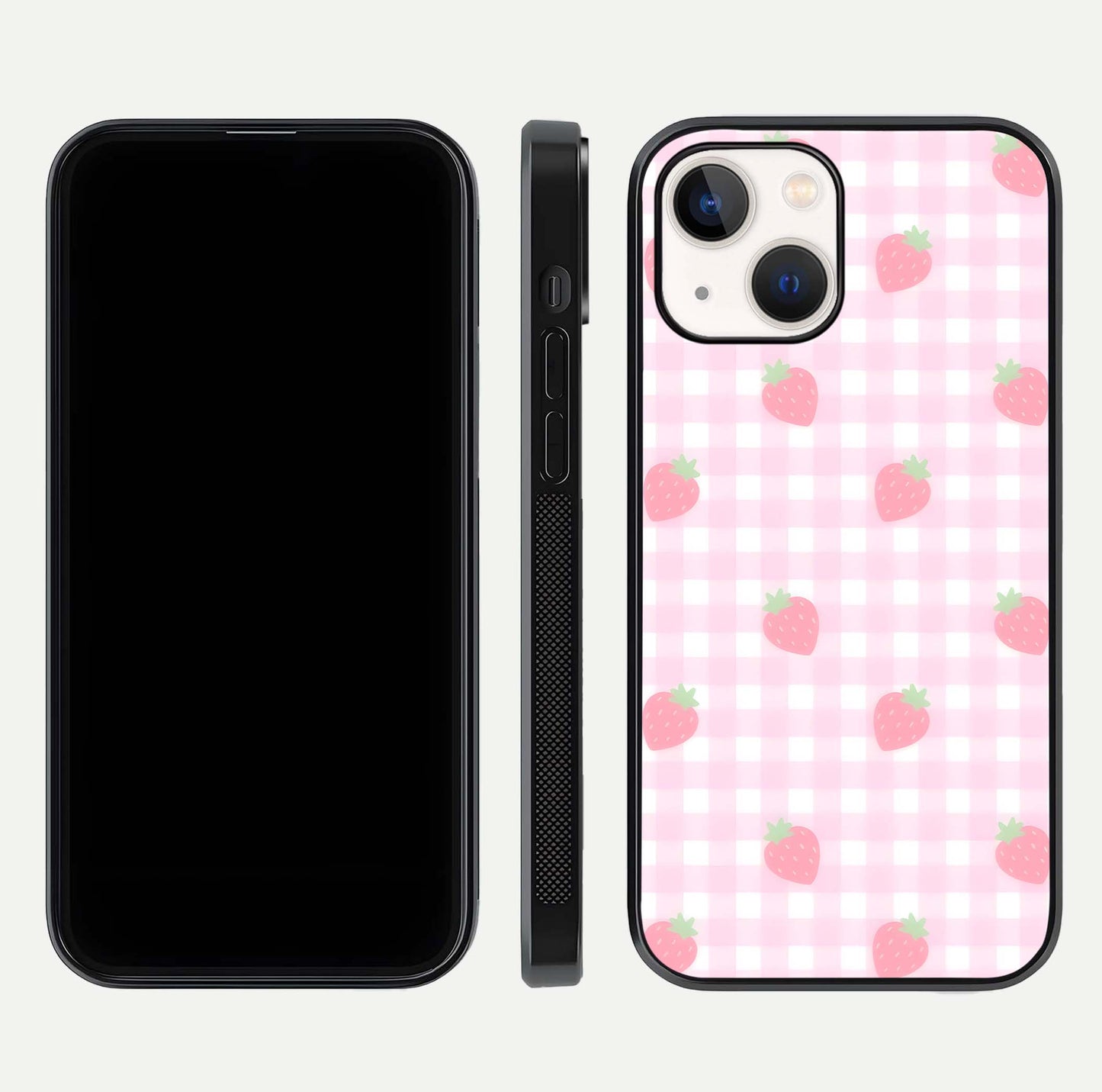 Strawberry Picnic Love iPhone 14 glass phone case front and side layout view showing slim profile and full picnic design